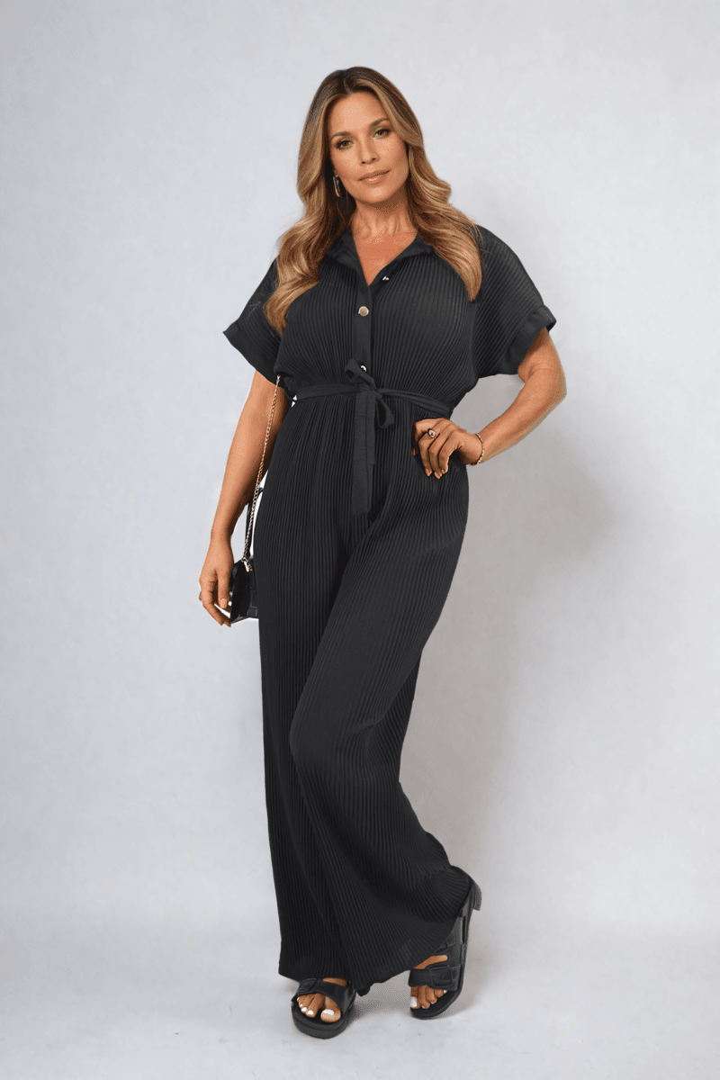 Tie Waist Short Sleeve Pleated Jumpsuit - Lunavitae