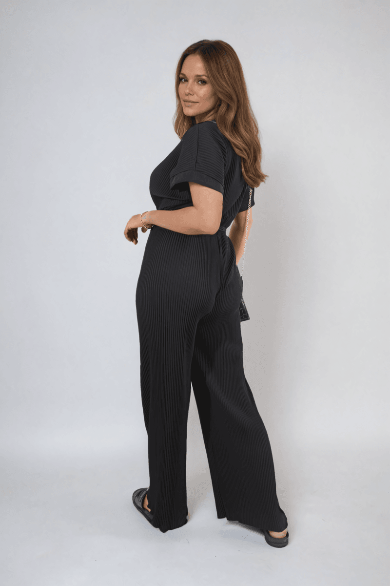 Tie Waist Short Sleeve Pleated Jumpsuit - Lunavitae