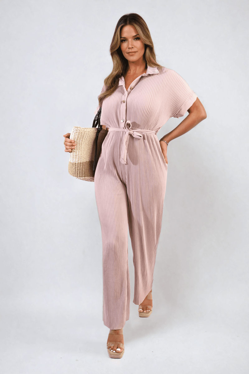 Tie Waist Short Sleeve Pleated Jumpsuit - Lunavitae