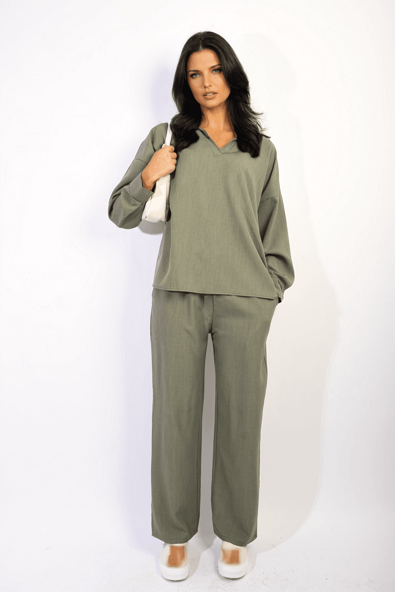 V-neck Long Sleeve Top and Wide Leg Pants Co-ord Set - Lunavitae