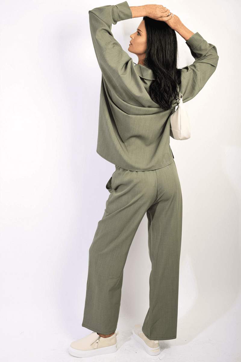 V-neck Long Sleeve Top and Wide Leg Pants Co-ord Set - Lunavitae