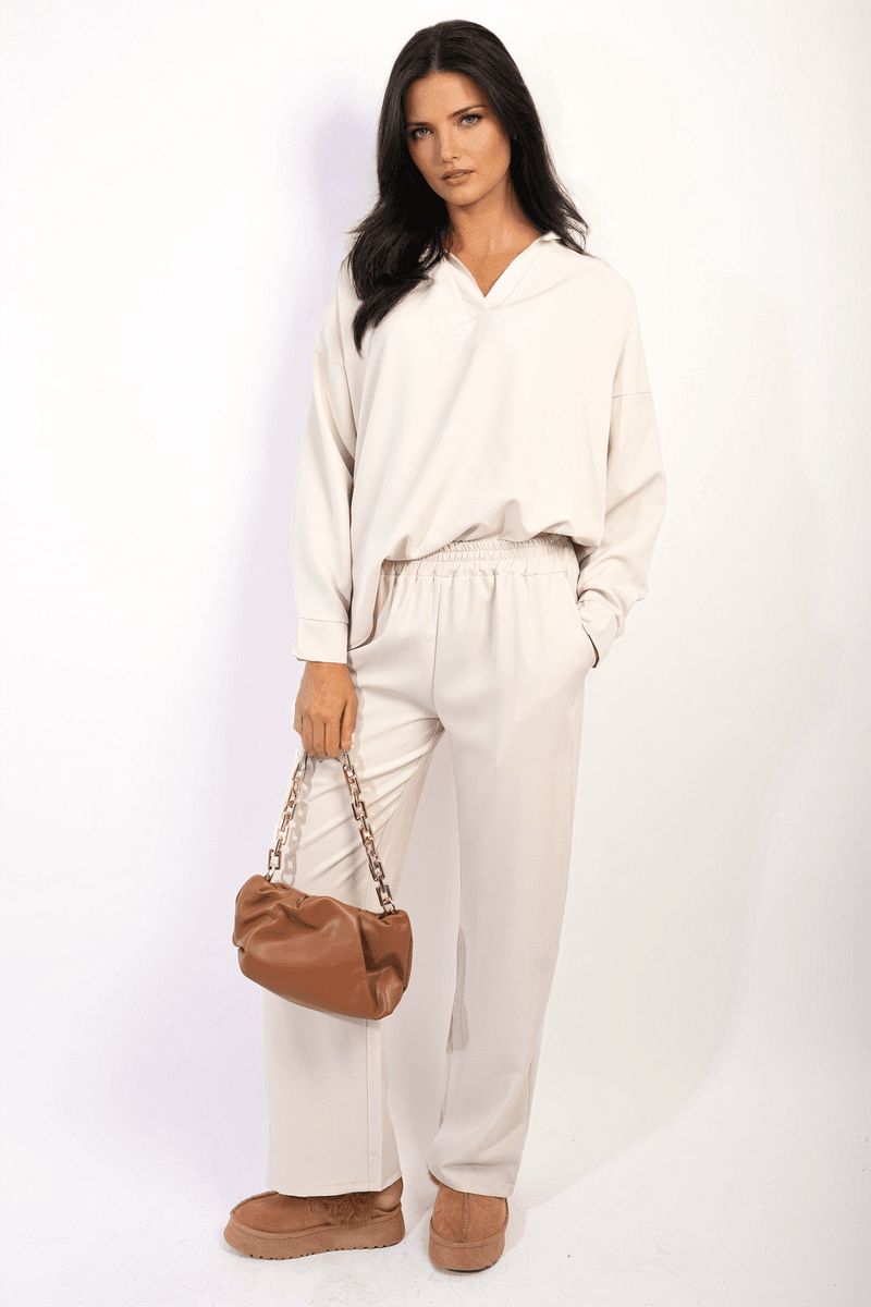 V-neck Long Sleeve Top and Wide Leg Pants Co-ord Set - Lunavitae