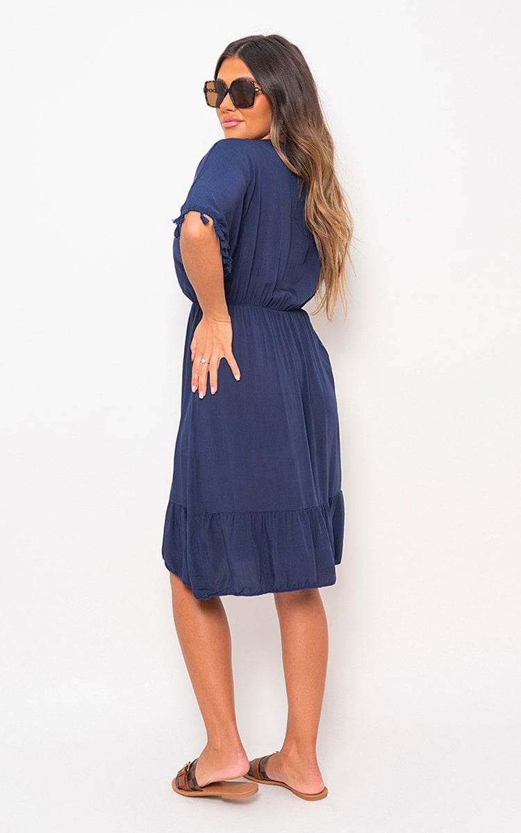 V-Neck Short Sleeve Midi Dress with Tassel Detail - Lunavitae