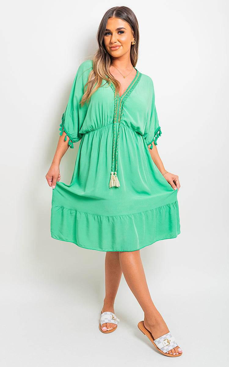 V-Neck Short Sleeve Midi Dress with Tassel Detail - Lunavitae