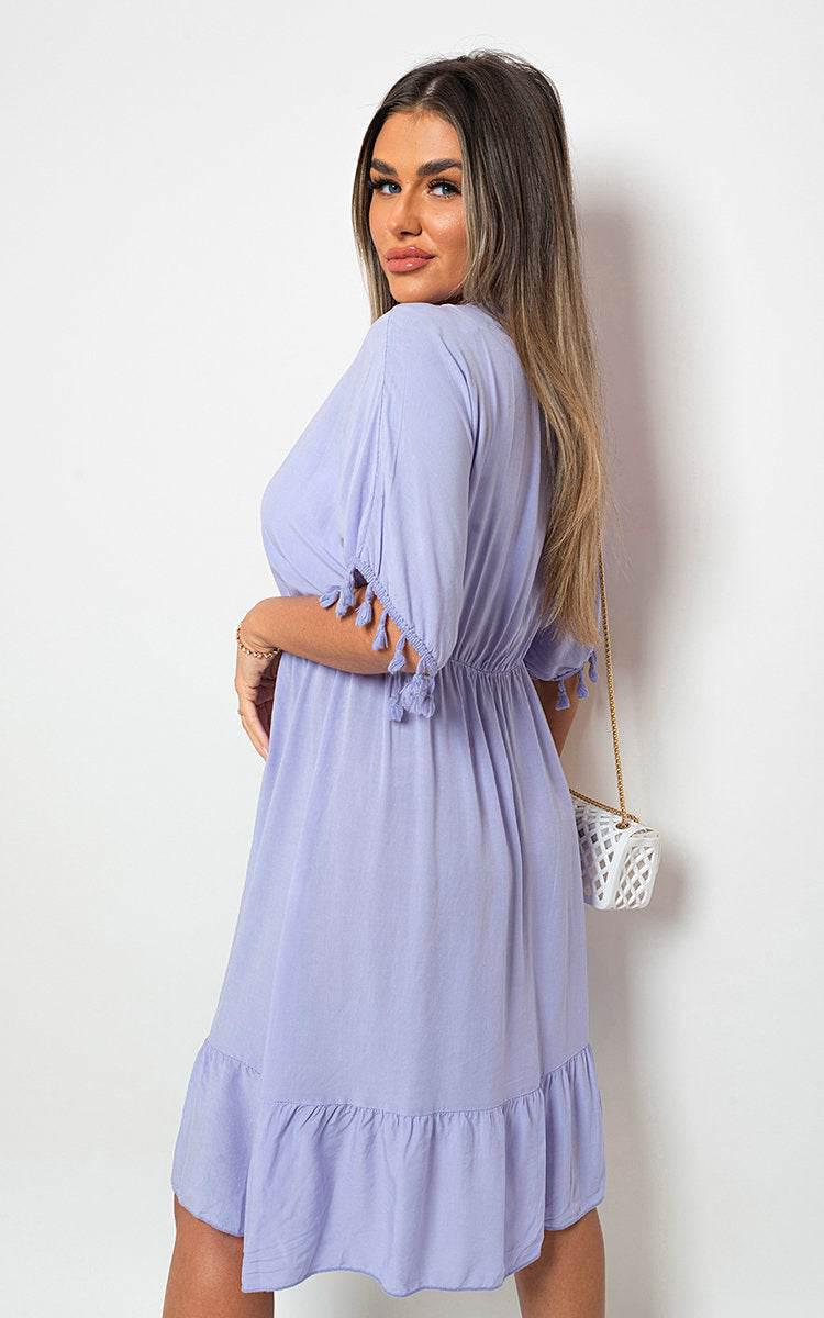 V-Neck Short Sleeve Midi Dress with Tassel Detail - Lunavitae