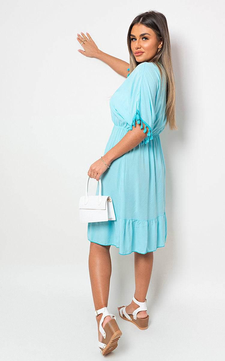 V-Neck Short Sleeve Midi Dress with Tassel Detail - Lunavitae