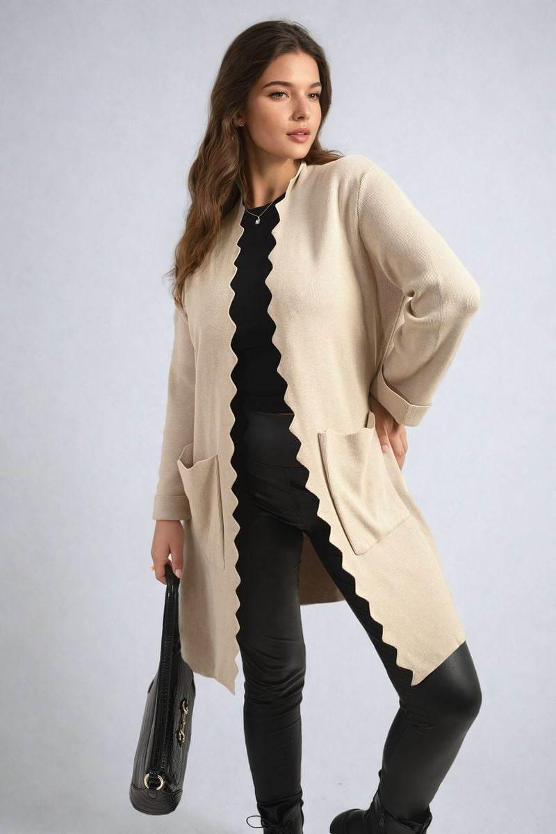 Wave Trim Knitted Cardigan with Front Pockets - Lunavitae