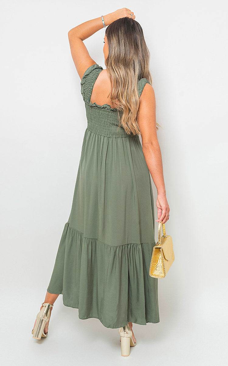 Wide Ruffle Strap Smocked Midi Dress - Lunavitae