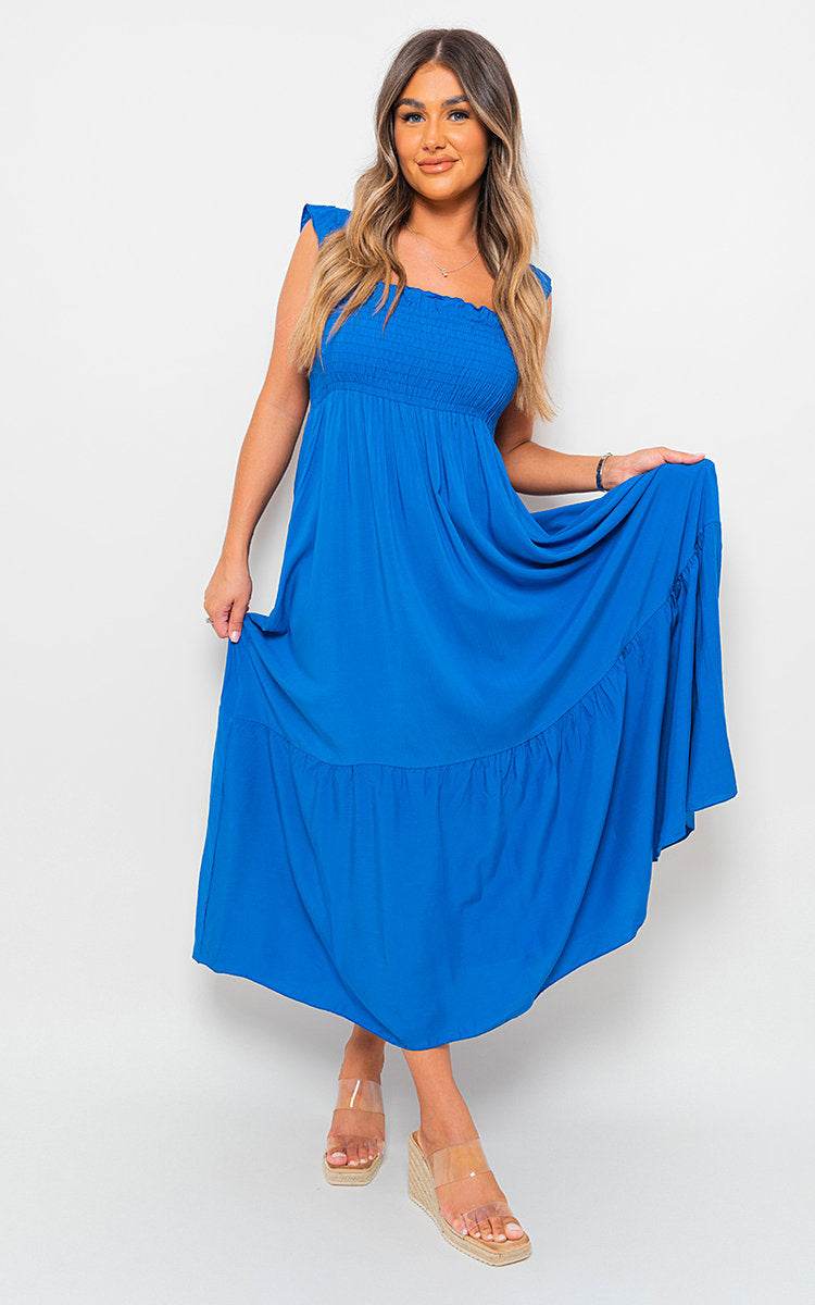 Wide Ruffle Strap Smocked Midi Dress - Lunavitae