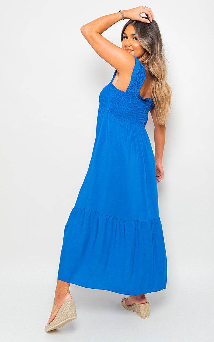 Wide Ruffle Strap Smocked Midi Dress - Lunavitae