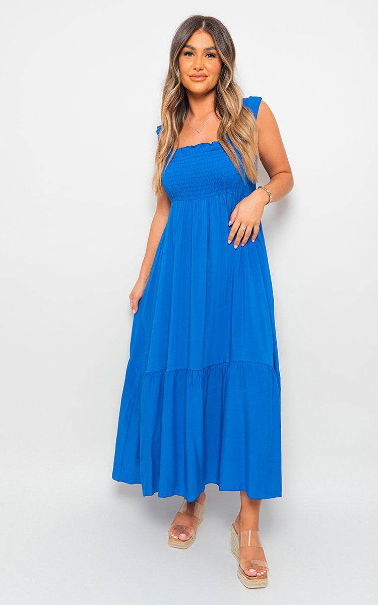 Wide Ruffle Strap Smocked Midi Dress - Lunavitae