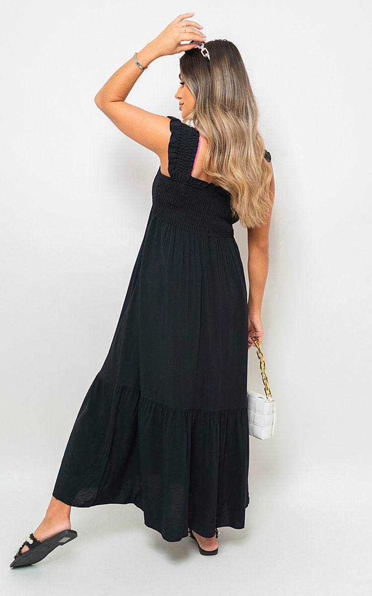 Wide Ruffle Strap Smocked Midi Dress - Lunavitae