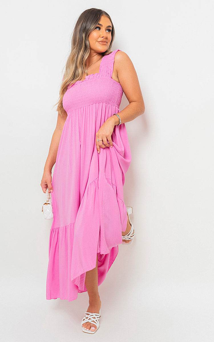 Wide Ruffle Strap Smocked Midi Dress - Lunavitae