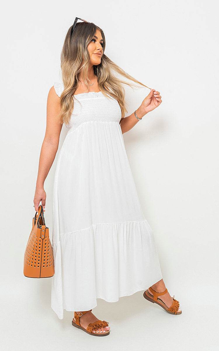 Wide Ruffle Strap Smocked Midi Dress - Lunavitae