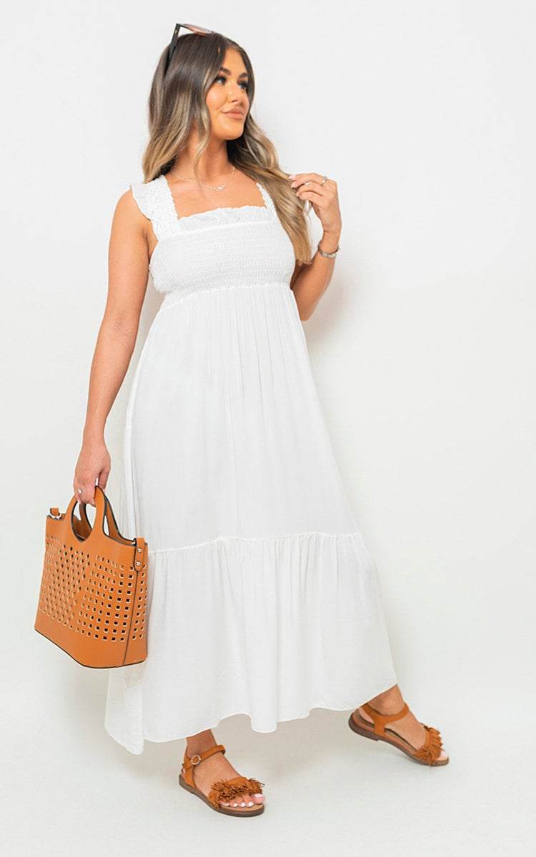 Wide Ruffle Strap Smocked Midi Dress - Lunavitae