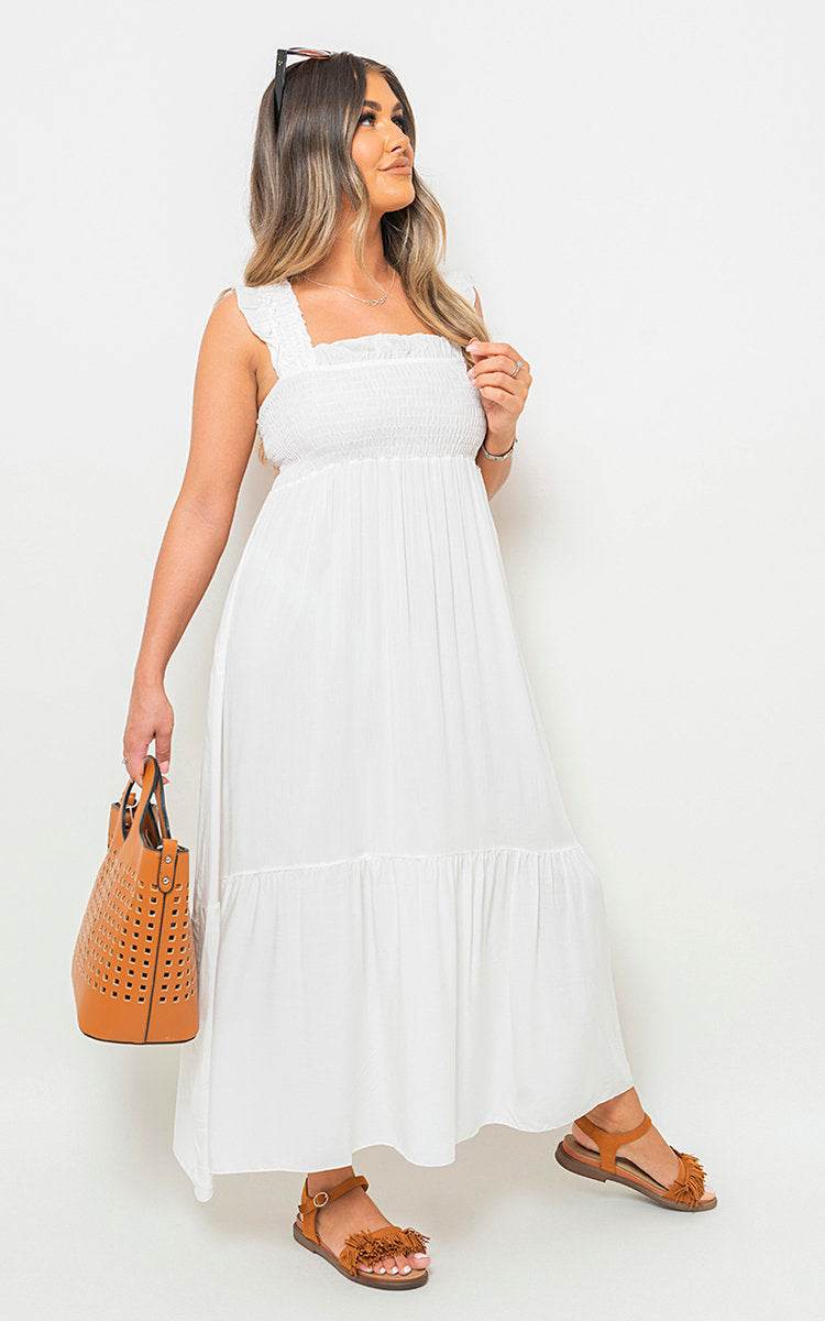 Wide Ruffle Strap Smocked Midi Dress - Lunavitae