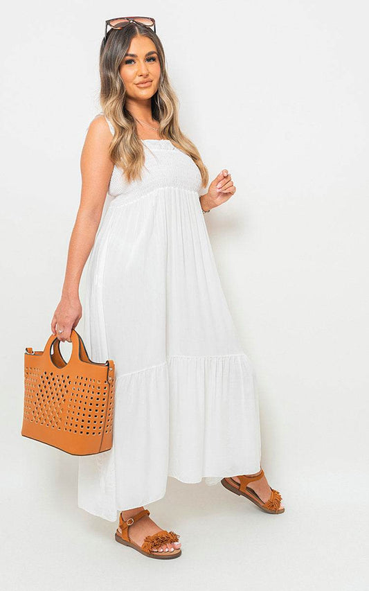 Wide Ruffle Strap Smocked Midi Dress - Lunavitae