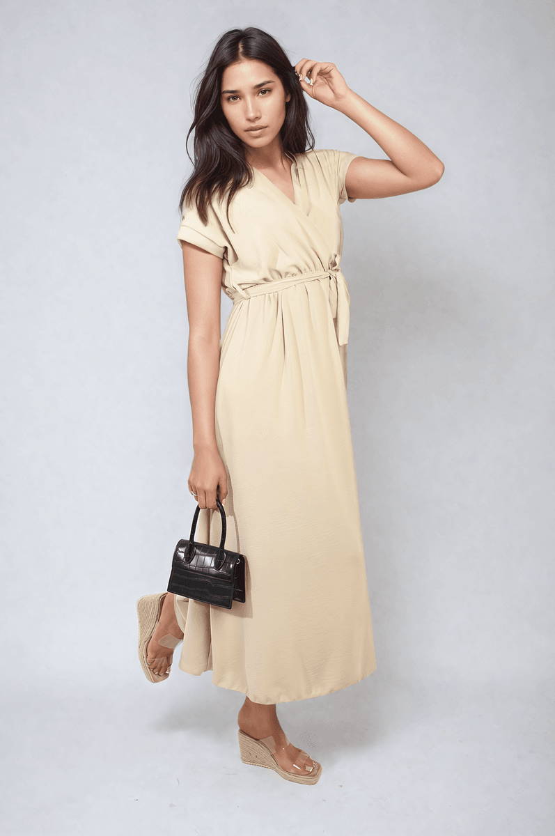 Wrap Tie Waist Short Sleeve Midi Dress - Lunavitae