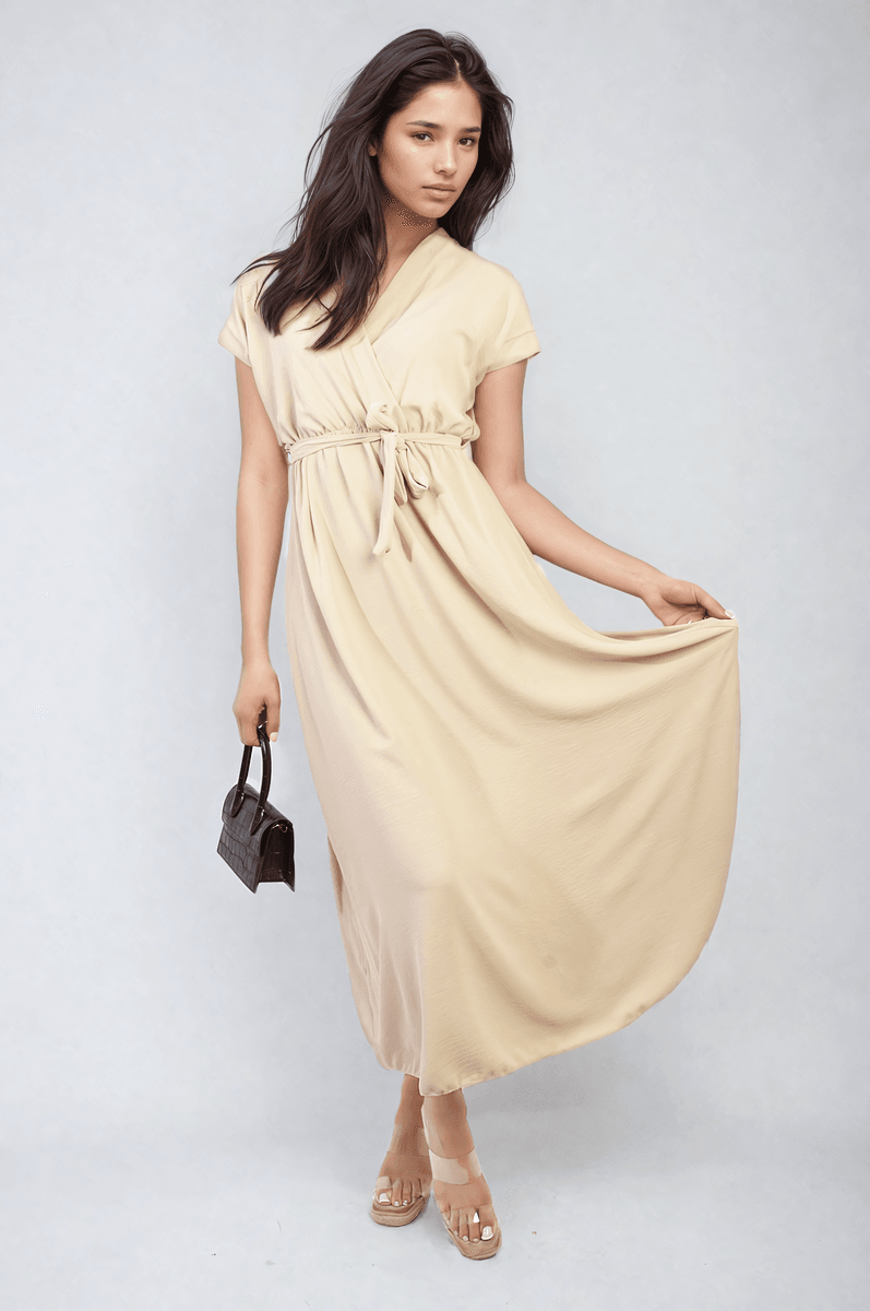 Wrap Tie Waist Short Sleeve Midi Dress - Lunavitae