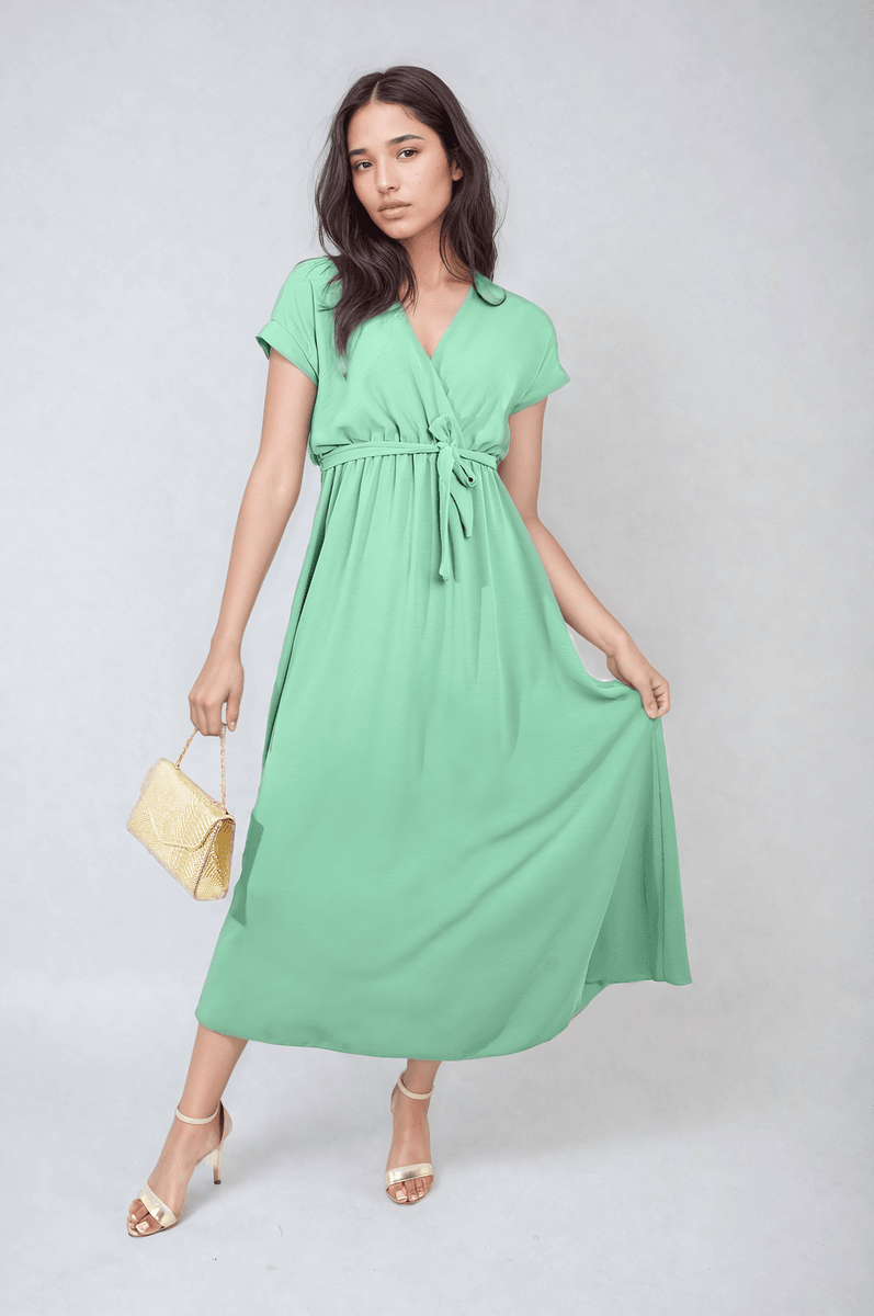 Wrap Tie Waist Short Sleeve Midi Dress - Lunavitae