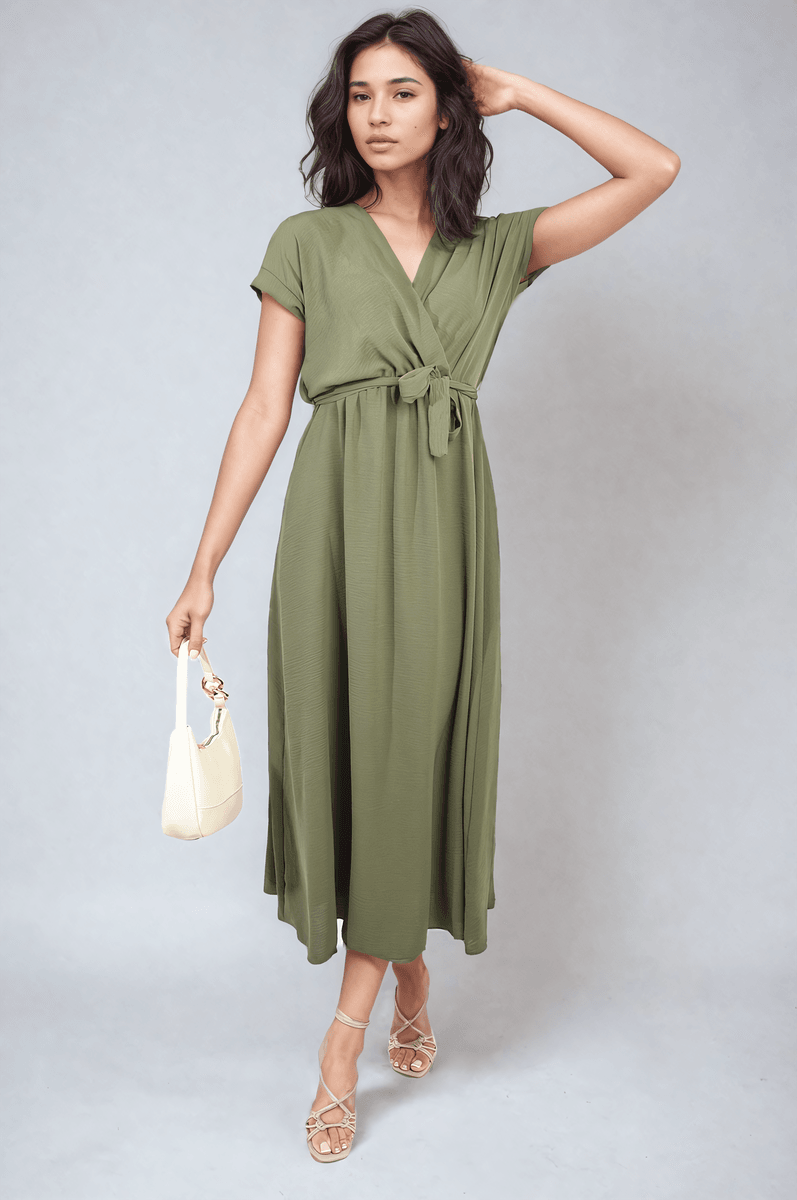 Wrap Tie Waist Short Sleeve Midi Dress - Lunavitae