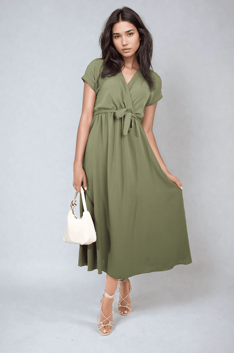 Wrap Tie Waist Short Sleeve Midi Dress - Lunavitae