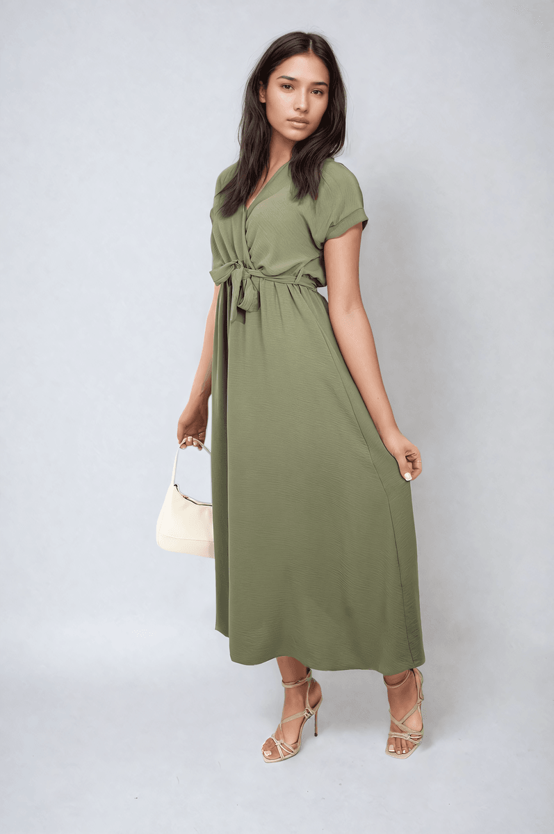 Wrap Tie Waist Short Sleeve Midi Dress - Lunavitae