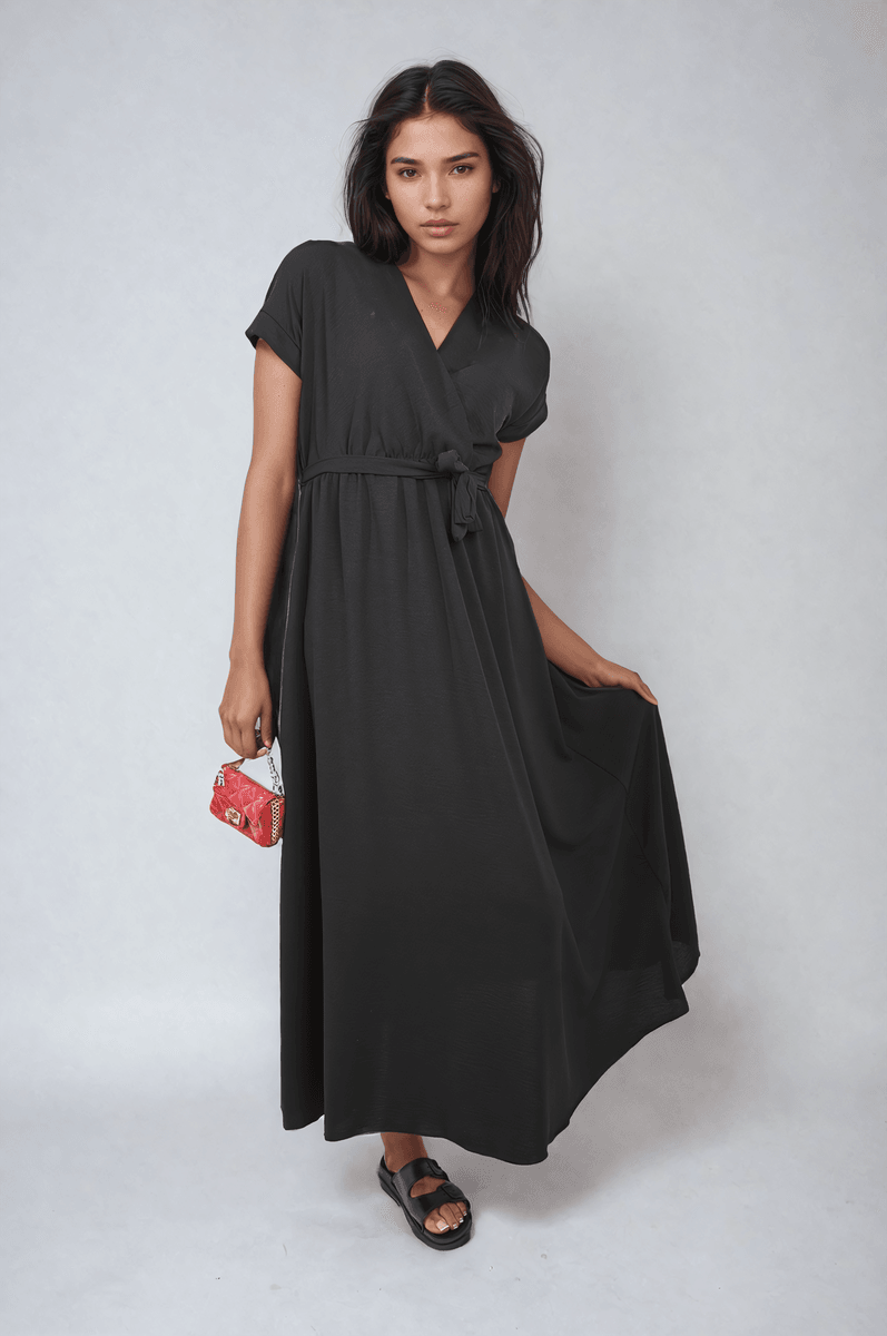 Wrap Tie Waist Short Sleeve Midi Dress - Lunavitae