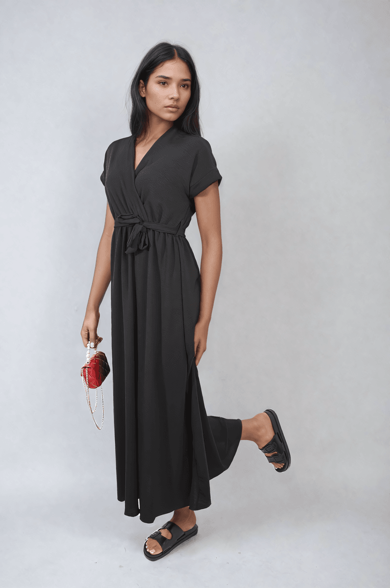 Wrap Tie Waist Short Sleeve Midi Dress - Lunavitae