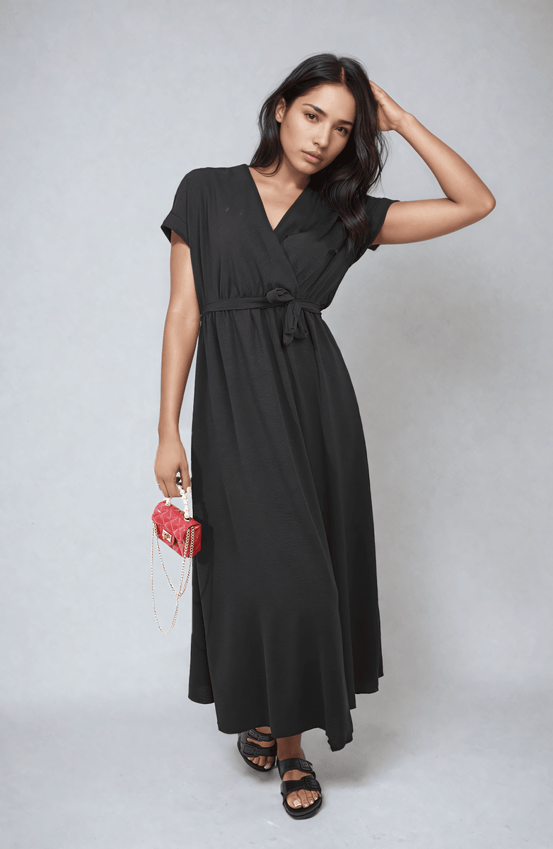 Wrap Tie Waist Short Sleeve Midi Dress - Lunavitae