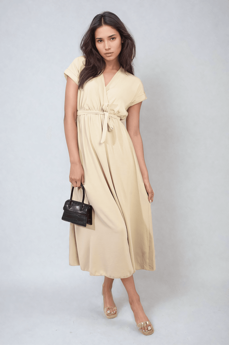 Wrap Tie Waist Short Sleeve Midi Dress - Lunavitae